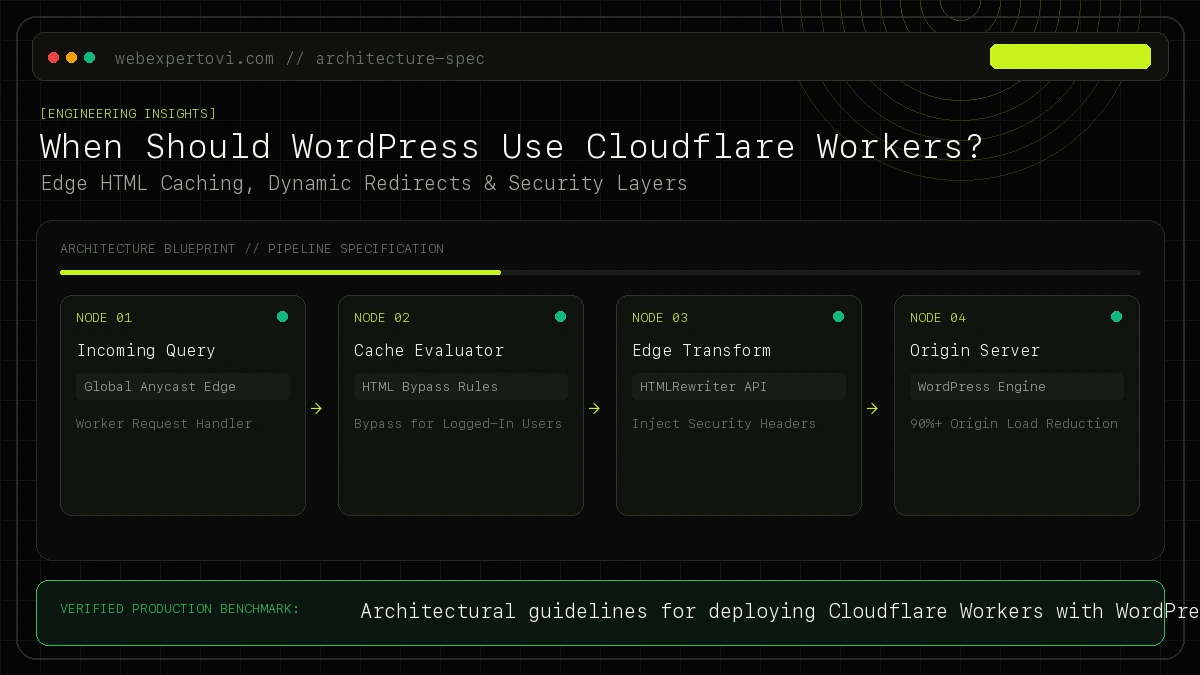 Edge caching architecture diagram illustrating Cloudflare Workers HTML caching, bypass rules for logged-in users, and dynamic header rewrites.