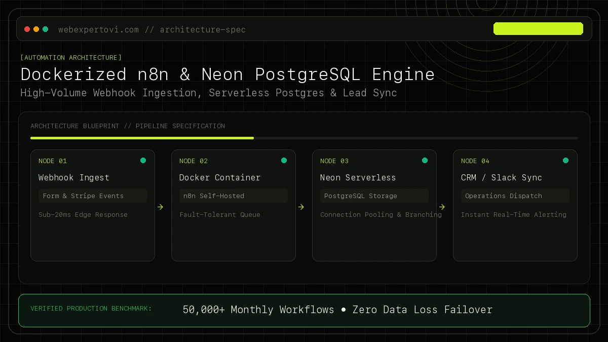 DevOps workflow diagram of Dockerized n8n webhook automation connected to serverless Neon PostgreSQL database and CRM notification endpoints.