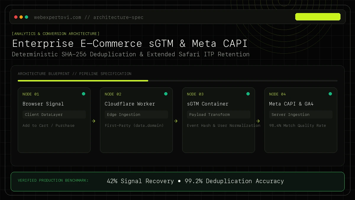 Architecture diagram of Enterprise E-Commerce Server-Side GTM and Meta Conversions API (CAPI) showing event ingestion, first-party cookie preservation, and dual dispatch to GA4 and Meta with SHA-256 deduplication.
