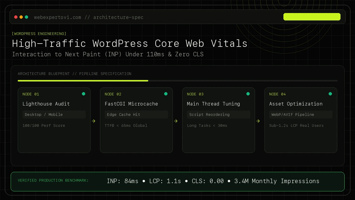 Performance audit benchmark diagram for high-traffic WordPress showing 100/100 Lighthouse score, sub-110ms Interaction to Next Paint (INP), and FastCGI microcaching pipeline.